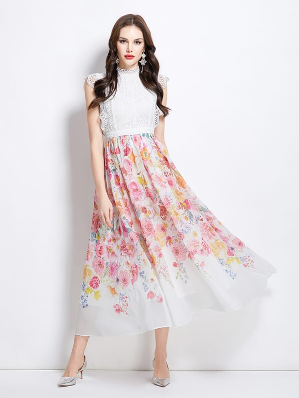 Painted splice vacation long painting lace dress