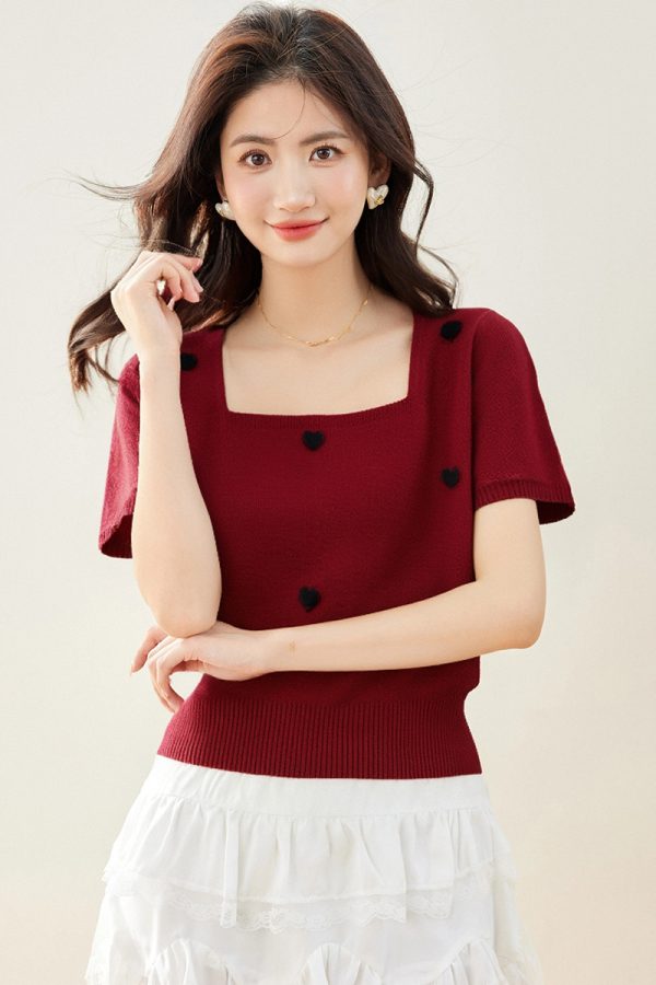 Korean style square collar sweater simple T-shirt for women